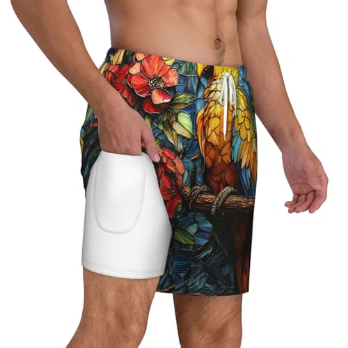 Mens Swim Trunks Bathing Suit Quick Dry Board Shorts Pockets, Parrot Stained Glass Art