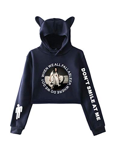 Sudadera Billie Eilish Niña, Sudadera Billie Eilish Mujer con Oreja de Gato Corta Sudadera con Capucha Chicas Impresión Billie Eilish Sudadera Cortita Chaqueta Hoodies Suéter (Armada-A,S)