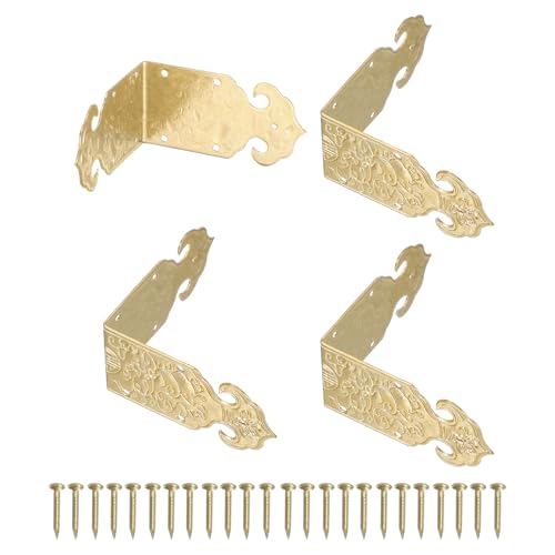 uxcell 4Pcs L Shaped Vintage Embossing Brass Decorative Corner 2 x 1 Inch Corner Protector with Mounting Nails Box Edge Guard Retro for Cabinets Furniture Decorative (Brass)
