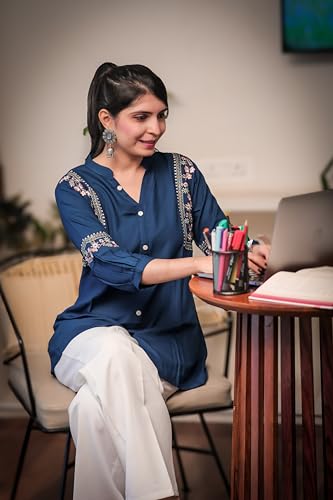 Image of Women's Viscose Rayon Embroidered A-Line Short Kurti Above Knee Regular Fit Tunic Top Office Wear Casual short kurti for women | office wear top | A-line kurti | raksha bandhan gift dress for women