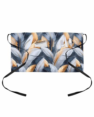 PIEPLE Feather Server Apron Waitress Aprons with 3 Pockets, Orange White Blue Oil Painting Modern Abstract Half Waist Waiter Aprons Restaurant Chef Aprons for Women Men