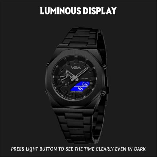 Image of V2A Allure Analogue-Digital Watch for Men, Alloy Case, Stainless Steel Band, 30M Water Resistant, 5 Alarms, World Time, Countdown, Stopwatch Men Watch | Birthday Gift for Man (Black-Black)