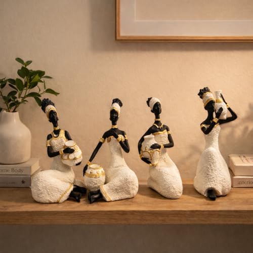 Image of Vibrant Beautiful Finish Uniquely Hand Crafted Home Decor African Tribal Women Art Piece (African Lady Sitting Set of 4)