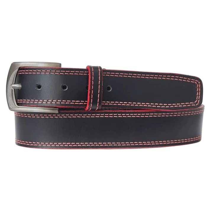 NAB’s Signature Quality Leather Belt for Men – Handmade in Toronto –Diablo Belt Design featuring a red Belt adorned with bold red stitches, Great for Casual Wear, Handcrafted Work Belts for Men
