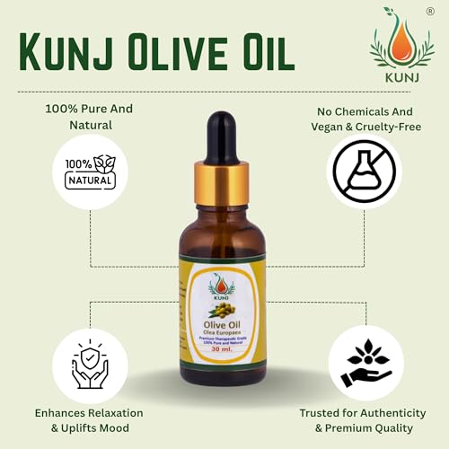 Image of KUNJ Olive Oil (Olea europaea) 30ML - 100% Pure & Natural, Undiluted, Cold Pressed - Premium Therapeutic Grade Carrier Oil for Skin Care, Hair Nourishment & Hydration