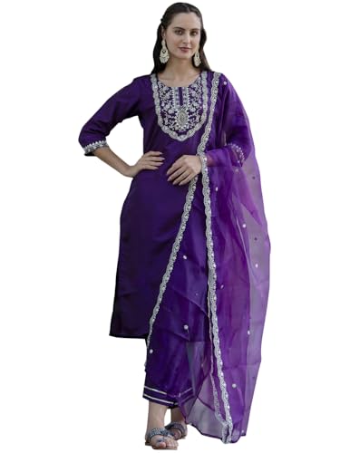 Image of VredeVogel Women's Silk Blend Embroidered Kurta with Pant & Dupatta Set