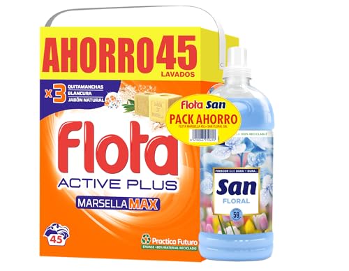 FLOTA | PACK Detergente Lavadora en Polvo Marsella Max 45 lavados + Suavizante Ropa Líquido Concentrado 59 Lavados| Ropa Blanca y de Color | Antimanchas y Antiolores