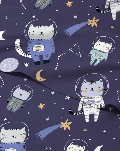 Image of Kids Full Size Cat Bed Sheets - 4 Piece Kids Cat Sheet Set - Galaxy Astronaut Bedding - Ultra-Soft, Cute & Cozy - Breathable & Machine Washable - Wonderful Bed Set for Boys, Girls, Teens & Toddlers