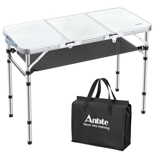 Anbte Mesa Plegable Camping,Multifuncional 90x40x26/51/70 CM, Alturas Ajustables, Mesa Portátil, Aluminio Impermeable para Jardín Exterior Camping y Picnic Playa Blanco