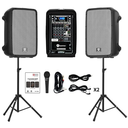 EXOTON 10inch PA System with 8-Channel Mixer,Portable 600W Bluetooth Speakers,USB/SD/FM/5-band EQ, Includes 2 Speaker Stands/Mic/48V Phantom Power,for Indoor&Outdoor