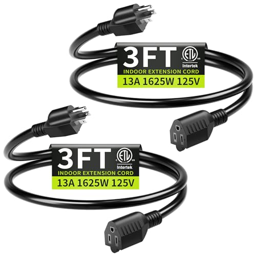 16/3 Black 3FT (2Pack) Extension Cord Indoor, Short Extension Cord for Laptops, Coffee Makers, Office Home Appliances, 3 Prong Small Resistant Cable Flexible, 13A 125V 1625W ETL Listed