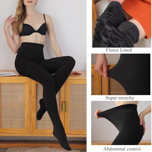 Image of YAGAXI Fleece Lined Opaque Tights for Women - 2 Pairs 200D Warm Winter Pantyhose with Control Top