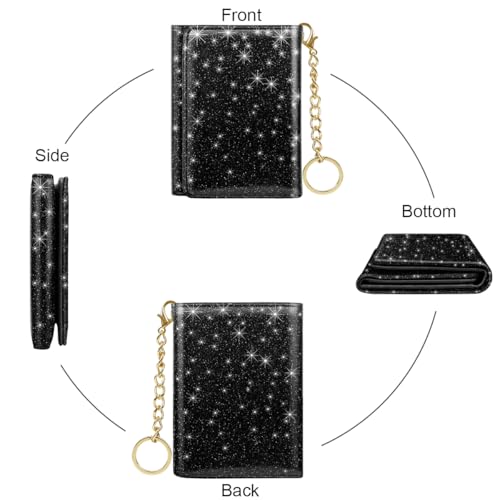 Image of Trifold Small RFID Blocking Wallet Pocket Cute Short Slim Sparkling Credit Card Holder Leather Keychain Ladies Mini Purse with ID Window, Glitter Black