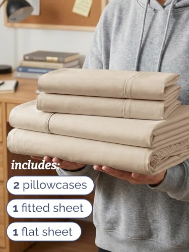 Image of Twin XL 4 Piece Sheet Set - College Dorm Room Essentials - Cream | Ultra Soft Dorm Bedding Set, 8 inch to 16 inch Inch Deep Pockets, 1 Flat & 1 Fitted Sheet & 2 Pillowcases, Wrinkle & Fade Free