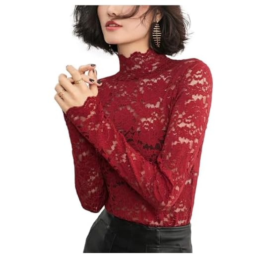 Women’S Mock Neck Top Long Sleeve Plain Sheer Floral Lace Blouse Red M
