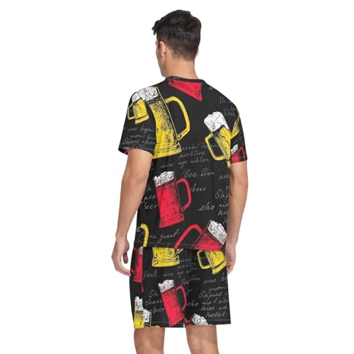 Red Yellow Mugs Beer Black Men's Pajama Sleep Sets Short Sleeve V Neck 2 Pcs Pjs Nightwear Summer, Small2