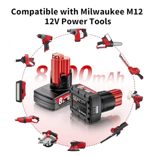 Image of 2-Pack 8000mAh 12V Replacement for Milwaukee M12 Battery Compatible with Milwaukee 12 Volt Battery 48-11-2401 48-11-2402 48-11-2460 48-59-2401 Cordless Power Tools