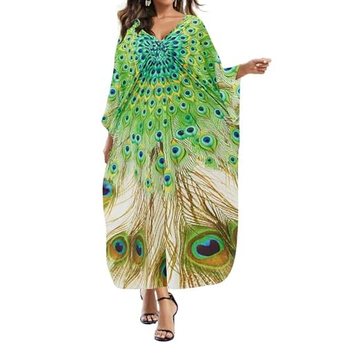 Eddoyee Women Animal Print Kaftan Dress Long Sleeve Beach Bathing Suit Cover Ups V-neck Plus Size Caftan Green Peacock