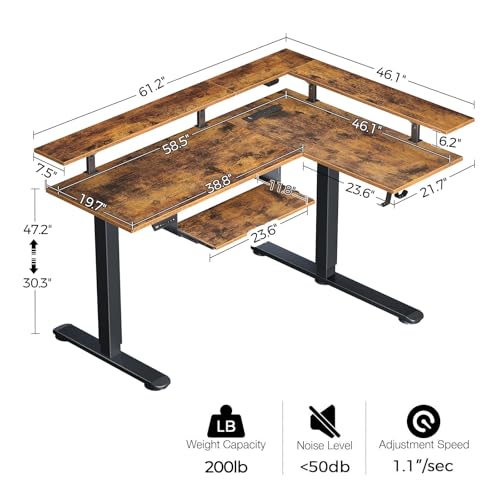 Rolanstar L Shaped Standing Desk with Keyboard Tray, Height Adjustable Corner Desk with LED Light & Power Outlet, Electric Sit Stand Computer Desk with Monitor Stand, Rustic Brown