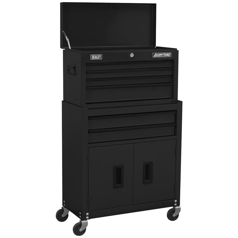 Sealey Topchest & Rollcab Combination/Tool Chest on Wheels with Ball-Bearing Slides, 6 Drawer - Black - AP22BK