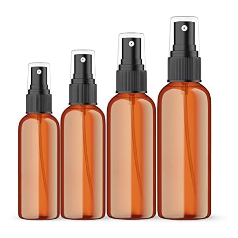 SEVENHEAD Amber Plastic Essential Oil Spray Bottle Four Size - 1oz, 1.7oz, 2oz and 3.4oz, Small Spray Bottle with Plastic Sprayer - Set of 4 Cover