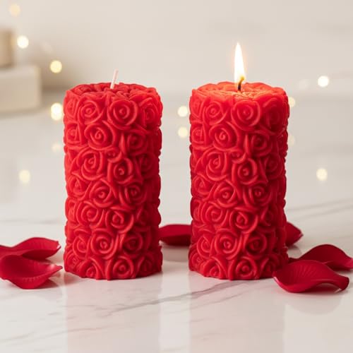 Image of Scented Candles For Home Decor, Rose Fragrance, Pillar Shape, Red Color, Set Of 2, 5.5 X 10.5 Cm - Wax