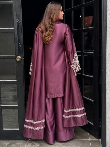 Image of Durwa wondermart Women Silk Crepe Embroidery Work full sleeve v neck with Patiala Gharara with net fabric dupatta set for women