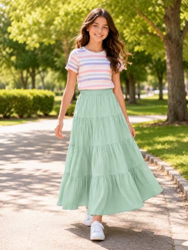 Image of Girls Tiered Maxi Skirt Boho Flowy Peasant Long Skirt for Kid 7-14