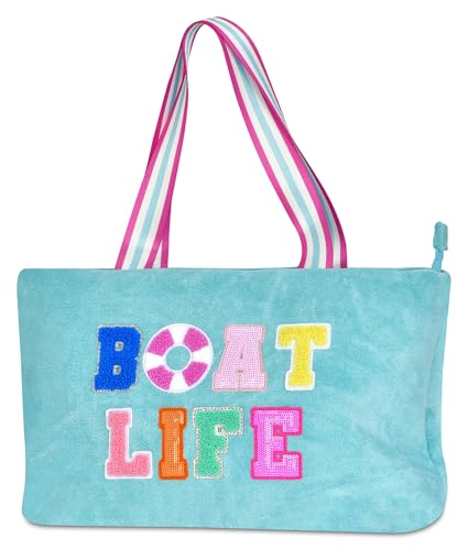 iscream 18" x 10.5" Soft Terry Travel Tote Bag with Chenille Appliques, Dual Handles and Zipper Closure - Boat Life3