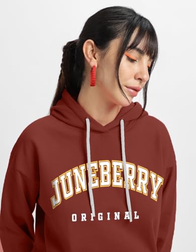Image of JUNEBERRY Fleece Oversized Baggy Fit Hooded Sweatshirt Drop Shoulder Typographic Logo Printed Full Sleeve Hoodie for Women (Availabe Colors: Copper Tan, Rust & Red)