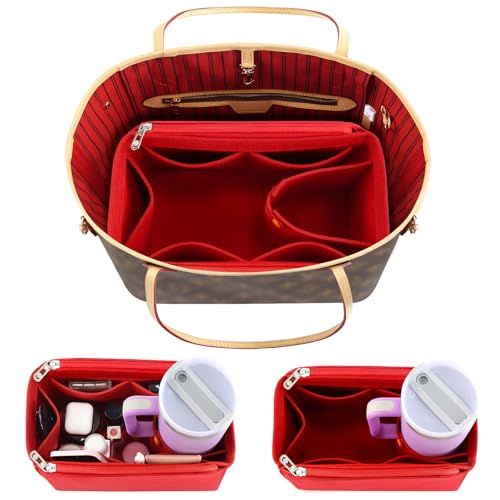 Tote Bag Purse Organizer Insert Pouches Fit for Neverful MM Red Handbag Organizer with Water Bottle Holder Compatible with Stanley Cup Purse Essentials Compartment Inserts Gifts for Women Large