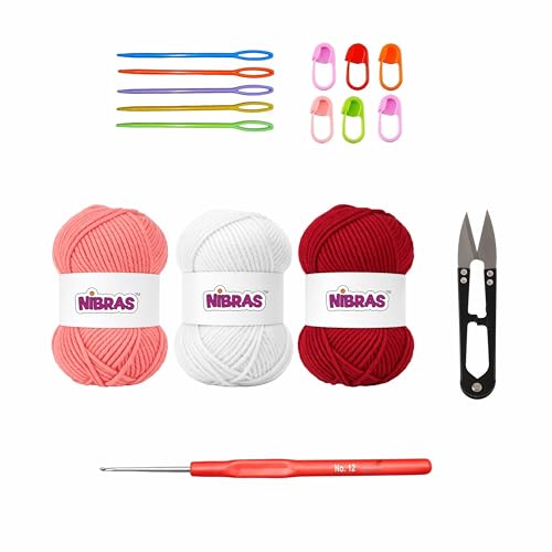 Image of Nibras DIY Crochet Kit for Beginners | Complete Crochet Supplies with Acrylic Yarn, Hook, Needle & Accessories (Set of 3 Yarn)