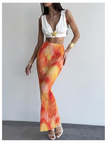 Milumia Women Pleated Tie Dye Bodycon Long Skirt Slim Fit Elegant Vacation Fishtail Skirts3