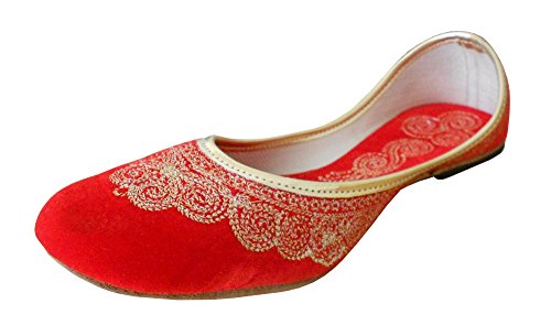 Appartements en velours pour femme de style ballet indien traditionnel rouge