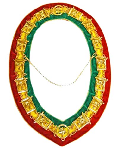 Tri-Color Masonic Regalia Shriner Gold Metal Collar with Gold Link Chain. Green, Yellow, Red Velveteen