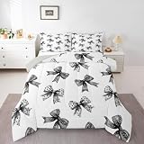 Picture of Erosebridal Bow Kids Comforter Set | Ribbon Black Bow Bedding Twin Size Coquette Bowknot with Dots Down Comforter Dreamy Princess Bowtie Duvet Set for Bedroom