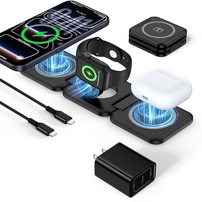 Travel Charger for iPhone and Apple Watch, Fodable 3 in 1 Charging Station Multiple Devices Magnetic Wireless Charger Pad Dock for iPhone 17 16 15 14 13 12 Pro Max, iWatch Ultra 11 SE 10, Airpods 4 3