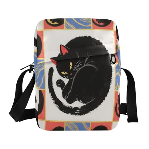 messenger bag for men Shoulder Bag For Woman Womens Crossbody Purses Adjustable Strap for business business- Black Japanese Cat