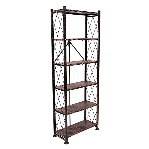 Image of Origami 6 Tier Classic Stamped Steel Bookcase Shelf Organizer Rack with 6 Storage Shelves for Decor, Vinyl Records, and Books, Bronze