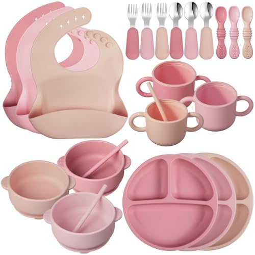 Image of 24 Pack Silicone Baby Feeding Set Baby Led Weaning Supplies Includes Suction Divided Plates Soft Bowl Spoons Forks Adjustable Bib Snack Cup and Straws for Baby (Dark Pink, Dusty Pink, Peach Color)
