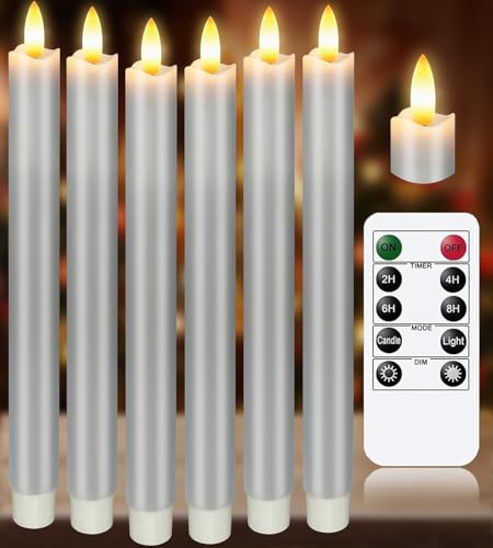 Image of KSWING Upgraded Real Wax LED Flameless Grey Taper Candles with Remote, 6 PCS Candlesticks Battery Operated 3D Flickering - 9.6 inch Long Realistic Fake Candle Sticks for Home /Wedding /Fireplace Xmas Decor