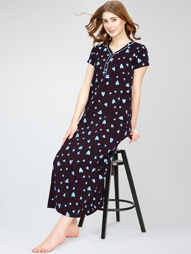 Image of ZEYO Women's Cotton Heart Printed Maxi Long Nighty for Women Stylish 5830