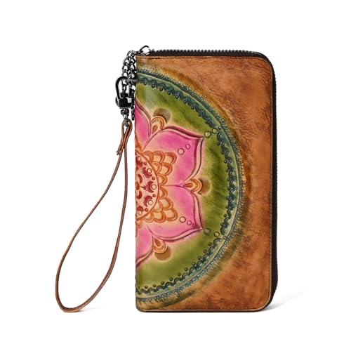 Genuine Top-Grain Leather Wallet for Women Vintage Brown Embossed Bifold, Large Capacity with 12 Card Slots & Cash Pocket, Classic Retro Design(BROWN)2