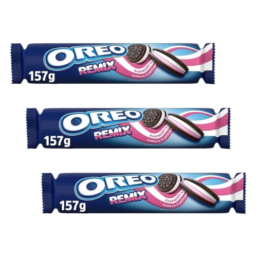 Oreo Remix Galletas de Cacao Rellenas de Crema Sabor Frambuesa y Vainilla 157g (Paquete de 3)