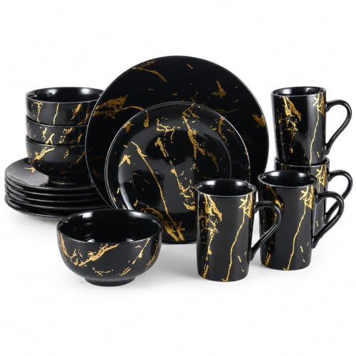Loymokinar 16-Piece Porcelain Dinnerware Set for 4 Black Gold Marble