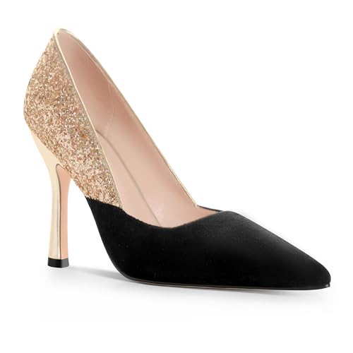 ANN CREEK Women's Pumps Sparkly High Heels Stiletto Classic Pointed Toe Patchwork Shoes for Wedding, Party, Dress Black Gold Size 9.5