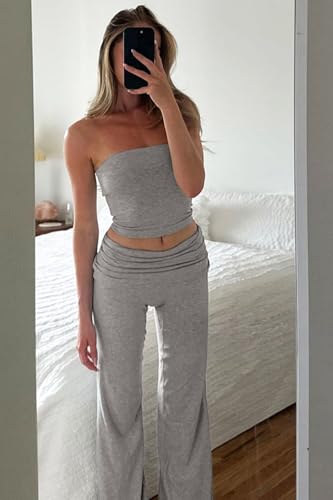 Image of Sexy Women's 2 Piece Lounge Sets Pajama Outfits Casual yoga Crop tube Top High Waist Wide Leg Foldover Flare Pants