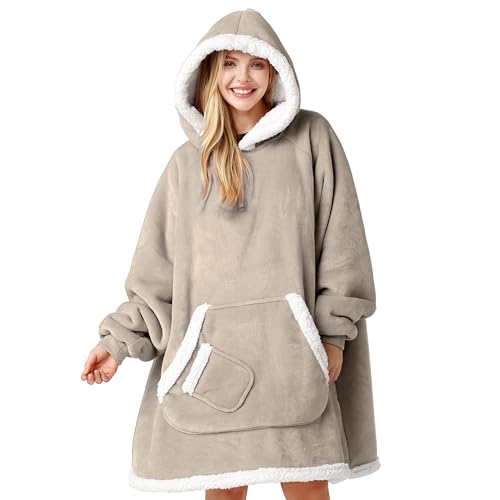 Image of Giggling Getup Wearable Blanket Hoodie for Women Men Gifts for Women Mom Wife Sherpa Fleece Hooded Blanket Sweatshirt Warm Cozy Sherpa Wearable Throw with Pocket & Sleeves for Adult Standard Latte