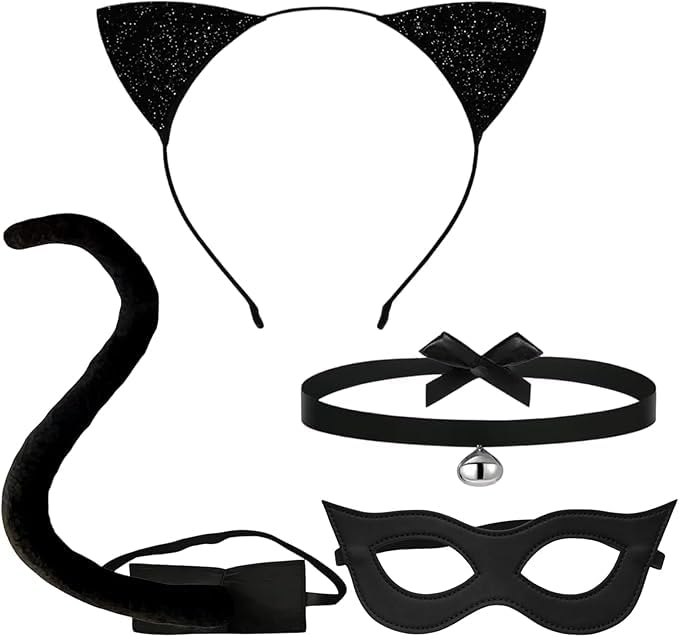 DvBCNMe 4Pcs Catwoman Kostüm Damen Catwoman Kostüm Katzenkostüm Damen Glitzerndes Katzenohr Stirnband Mit Augenmaske Und Schwanz Perfekt Für Halloween Partys Und Cosplay Events