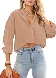 JINKESI Womens Button Down Cropped Shirt Loose Fit Style Casual Long Sleeve Collared Blouses with Pocket Khaki-M